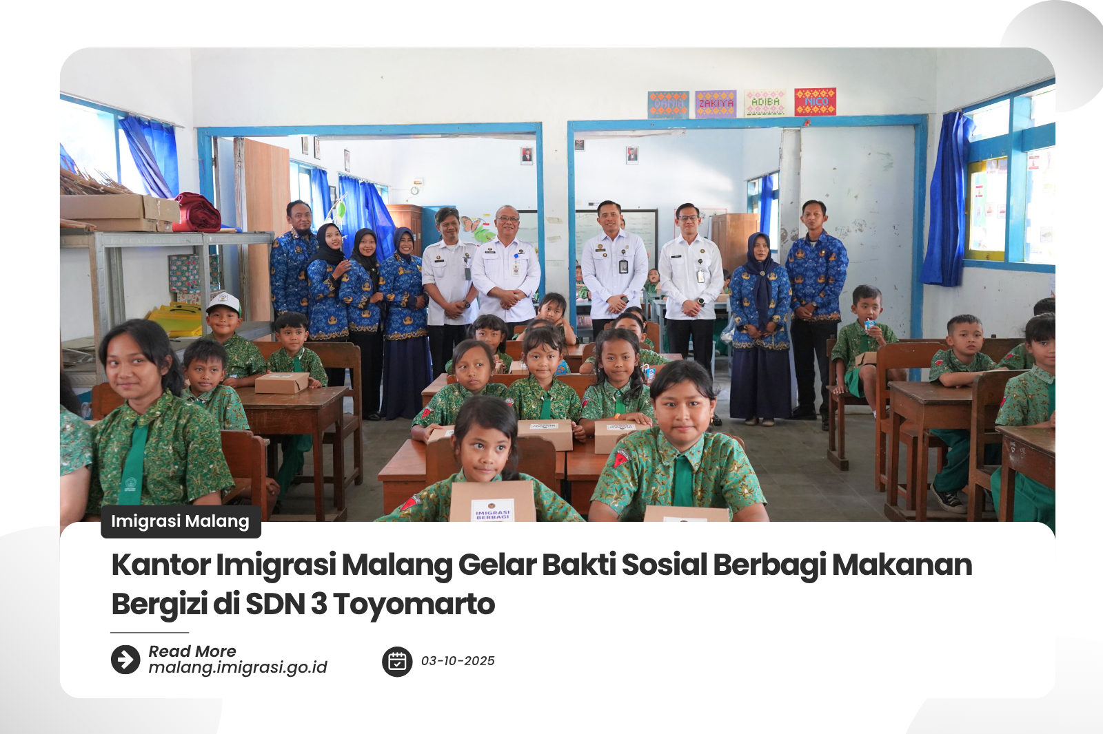 Kantor Imigrasi Malang Gelar Bakti Sosial Berbagi Makanan Bergizi di SDN 3 Toyomarto